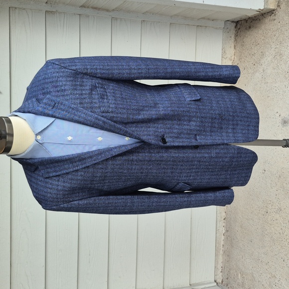 BROOKS BROTHERS Regent Fit Blue Grey Herringbone Cotton Linen Sz 44 L Sport Coat